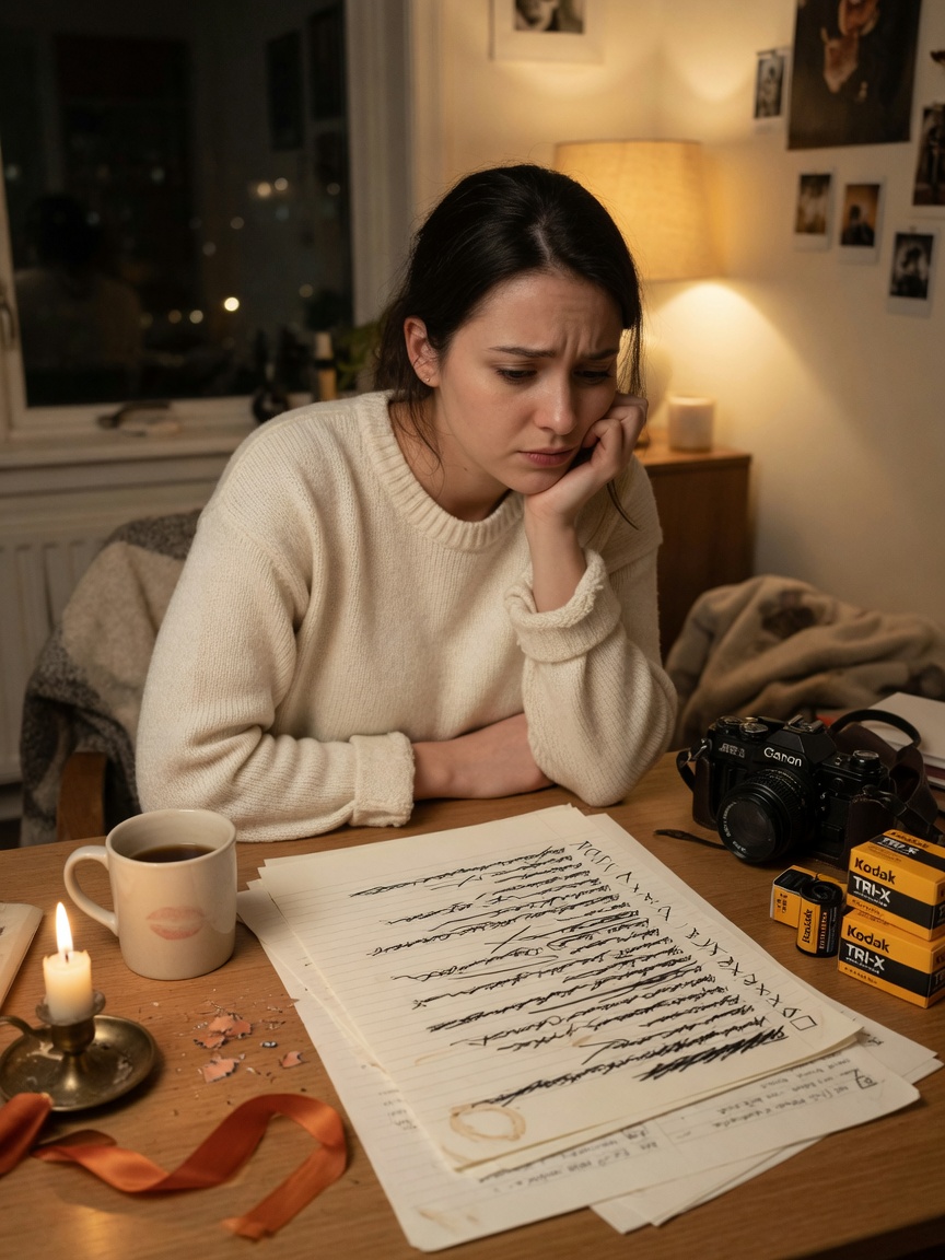 A photographer deliberating at night over a crossed-out shot list beside three rolls of film.