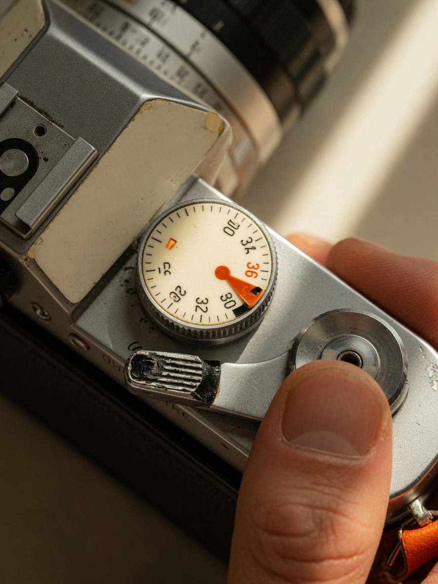 Close-up of a film camera's exposure counter near its end.